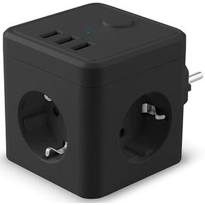 Zwarte kubus, directe aansluiting op stopcontact met schakelaar, 3 stopcontacten + 3 USB-poorten, intelligent opladen
