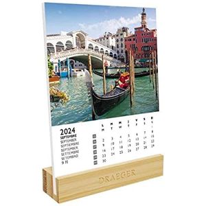 DRAEGER PARIS Europa 2024 kalender op sokkel, 12 x 16,5 cm, jaar 2024, 7 talen, kalender voor maandelijkse kantoordecoratie, bamboe sokkel, FSC®-gecertificeerd papier, plantaardige inkt