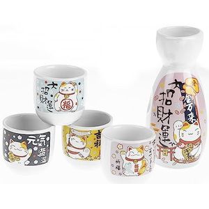 lachineuse - Saké-set met kat Maneki Neko – met 4 schalen & karaf – Japanse sake-glazen – cadeau Aziatisch servies – saké-servies traditioneel Japans porselein – Japanse geluksbrenger