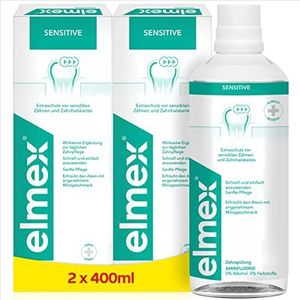 elmex Sensitive Mondspoeling, 2 x 400 ml, mondspoeling voor extra bescherming tegen pijngevoelige tanden en tandhalscaries, voor de dagelijkse tandreiniging zonder alcohol met muntsmaak