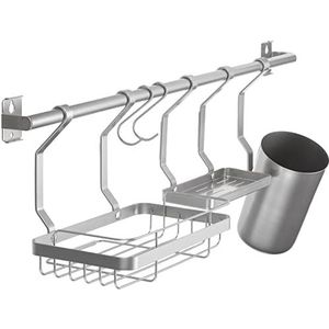 iDesign Keukenwandorganisator, metalen hangende opslag met 2 haken, kleine plank, keukengereihouder en kruidenrek, mat satijn, 63,8 x 14,5 x 23,8 cm