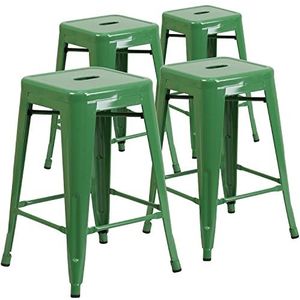 Flash Furniture 61 cm hoge rugvrije van metaal, zwart, binnen/buiten, toonbank, hoge kruk met vierkante zitting, metaal, groen, 4 stuks