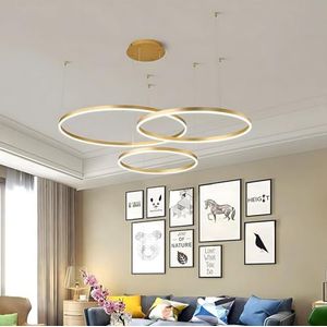 WayLuoung LED Metalen Kroonluchter | 3 Cirkels 40+60+80cm | 90W Ringen Plafond Hanglamp, Dimbare Afstandsbediening 3000-6000K, Acryl Schaduw Hanglamp, Woonkamer Slaapkamer Foyer Eetkamer Keuken【Goud】