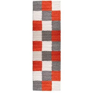 mynes Home Shaggy tapijt hoogpolig oranje grijs wit 30 mm/langpolig tapijten geruit/loper gang / 70x250 cm