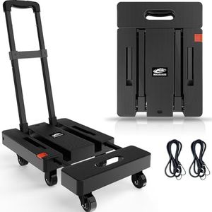 SOLEJAZZ Opvouwbare steekwagen, draagbare dolly om te verhuizen, 230 kg trolley dolly met 6 wielen en 2 bungeekoorden voor bagage, reizen, verhuizen, winkelen, kantoorgebruik, zwart