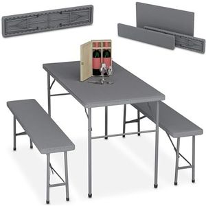 Relaxdays biertafel set 3-delig - kunststof - metaal - bierbanken - inklapbaar - grijs