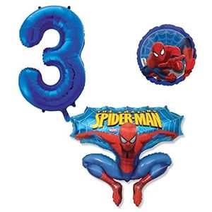 Spiderman Ballonset van 3 Spiderman folieballon, cijfer 3 in blauw, Spiderman rond