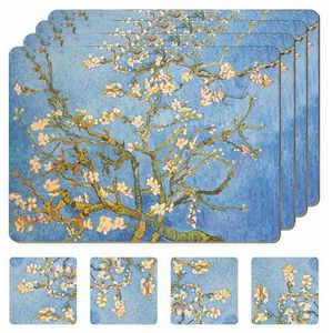Moderry Set van 4 hittebestendige kurkplacemats voor eettafel, met 4 bijpassende drankonderzetters, blauw, botanisch design, 40,6 x 30,5 cm, onderkant van kurk, harde placemats (amandelbloesem)