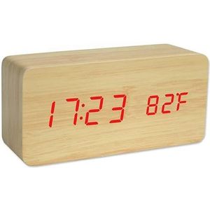 AntDau71 - Digitale wekker voor het nachtkastje in houtlook - multifunctioneel led-display met weergave van tijd, datum, temperatuur en spraakbesturing voor reizen naar kantoor (geel)