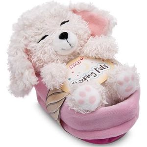 Knuffelhond Poedel wit 12 cm slapend in een mauve mandje - Duurzaam zacht speelgoed gemaakt van zachte pluche, schattig zacht speelgoed om mee te knuffelen en te spelen, voor kinderen en volwassenen