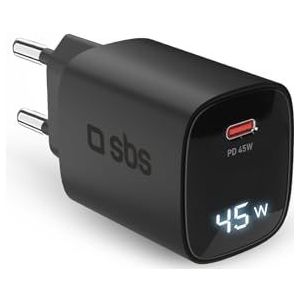 SBS USB-C oplader 45 W met LCD, EU-stekker, Power Delivery, ideaal voor Android-smartphones, iPhone, tablets, MacBook