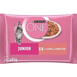 PURINA ONE Junior Kittenvoer nat, delicate stukjes in saus met zalm en wortelen, verpakking van 12 stuks (12 x 4 à 85 g)
