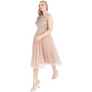 Maya Deluxe Dames Dames Midi Jurk met Houder Hals Tule voor Avondafstuderen Prom Bruiloft Bruidsmeiids Ball Gown Jurk voor Bruidsmeisjes Dames, Taupe Blush, 50 NL