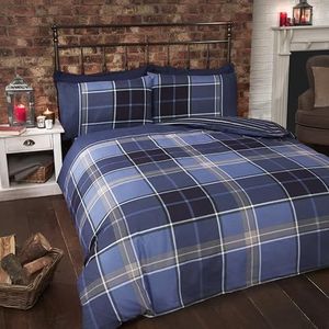 Argyle King Size Dekbedovertrek en 2 Kussenslopen Omkeerbaar Beddengoed Bedset, Tartan Check - Blauw