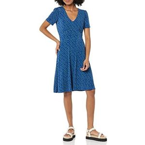 Amazon Essentials Dames korte mouw V-hals verzameld fit & flare jurk, helder blauw bloemen, X-Large