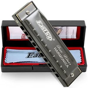 East top Blues mondharmonica in C, 10 Holes Blues harp Diatonische mondharmonica C, mondharmonica in C voor volwassenen, beginners, professionals en studenten (zilvergrijs)