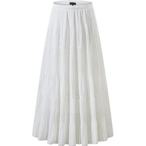 NASHALYLY Dames chiffon elastische hoge taille geplooide A-lijn uitlopende maxi-rokken, Wit, XXL