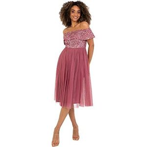 Maya Deluxe Bardot-jurk voor dames, midi-jurk met hoge taille en pailletten, versierd, formeel evenement voor bruiloft, gast, bruidsmeisjesjurk, desert roze, 40