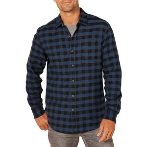 Amazon Essentials Men's Geruit flanellen overhemd met lange mouwen en slanke pasvorm (kleuren in beperkte oplage), Zwart Blauw Geruit, XS