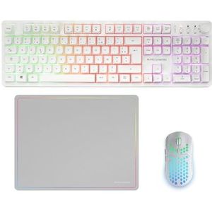 Mars Gaming MCPWX, Draadloze Gaming-Combo, DualPro Link 2.4GPRO-Technologie, Volledig FRGB-toetsenbord met Multimediabediening + RGB 3200DPI Muis + Antislip Muismat 360x260mm, Wit, Frans