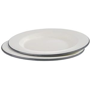 APS Set van 2 platte borden E-MAILLE- Ø 26 cm, H: 2 cm, geëmailleerd plaatstaal, kleur: crèmewit met grijze rand