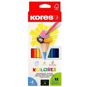 Kores - Kolores: 12 kleurpotloden voor kinderen, beginners en volwassenen met zacht lood en driehoekige vorm, set van 12 verschillende kleuren en slijper inbegrepen