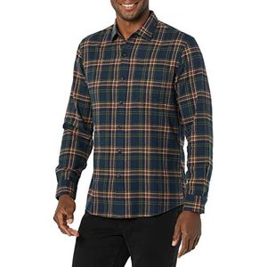 Amazon Essentials Men's Geruit flanellen overhemd met lange mouwen en slanke pasvorm (kleuren in beperkte oplage), Donkergroen Marineblauw Plaid, S