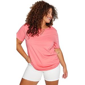 Trendyol Vrouwen Plus Size Regular Standaard V-hals Geweven Plus Size T-Shirt Roze, roze, XL grote maten