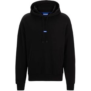 HUGO Heren Nalonso Cotton-terry hoodie met blauw logo label, Zwart1, XXL
