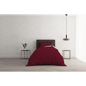 Italian Bed Linen Dekbedovertrek Set ""Natural Doubleface effen kleur tas laken en kussensloop, bordeaux/crème, eenpersoons