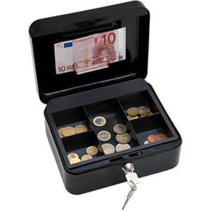 Wedo 145221H geldcassette (van gepoedercoat staal, inschuifbaar handvat, geldbiljetten- en belnietjes, 5-vaks munteninzet, veiligheidssillot, 20 x 16 x 9 cm) zwart