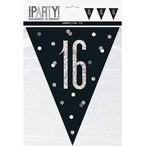 Unique Party Supplies 83423 16e verjaardag vlaggetjes - 2,74 m - glitter zwart & zilver verjaardag