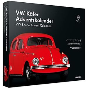 Franzis 55255 - VW Kever Adventskalender rood, metalen modelbouwset, schaal 1:43, incl. geluidsmodule en 52-pagina's boekje