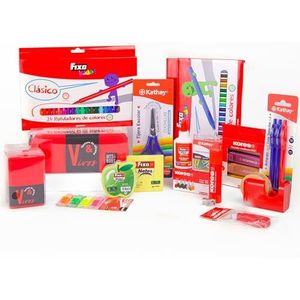 Grafoplas Schooletui met 3 vakken met schoolmateriaal, basisschool, kleurpotloden, puntenslijper, schoolliniaal, balpen, lijm, correctietape, krijtmarker, Rood, Voor school