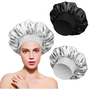 2 stuks muts satijn haar nacht satijnen muts zijde haar nachtmuts dames voor verzorging lang haar spa slaapmasker (zwart grijs)