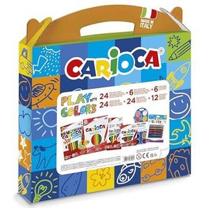 CARIOCA Spelen Met Kleuren | Plastic Koffer Kleur Set met 18 Kleurpotloden, 24 Fijne Punt Viltstiften, 6 Dikke Punt Viltstiften, 24 Waskrijtjes, 12 Kleuren Waterverf en 6 Glitterlijmen, 90 Stuks