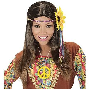 Widmann 04657 - Hippiepruik voor volwassenen vrouwen, met hoofdband en zonnebloem, jaren 60, bloemenkinderen, carnaval, themafeesten, één maat, bruine kleur