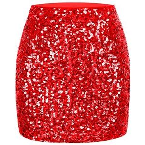 MANER Vrouwen Pailletten Rok Sparkle Stretchy Bodycon Mini Rokken Night Out Party, Rood, L