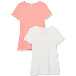Amazon Essentials Women's T-shirt met korte mouwen en V-hals in klassieke pasvorm, Pack of 2, Perzik/Wit, XS