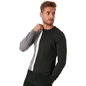 Trendyol Heren Crew Neck Colorblock Slim Sweater Sweater, Antraciet, L, Antraciet, L