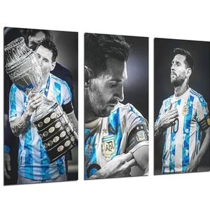 Set van 3 wandschilderijen, wanddecoratie, moderne woonkamer, slaapkamer, kamer, print op hout met hanger, voetbal, Messi, Argentinië, (97 x 62 cm)