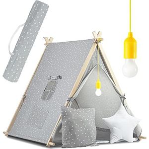 Ricokids Tipi Tent voor Kinderen van Katoen - Speelgoed voor Binnen & Buiten - Raam Twee Kussens - Isolatiemat - LED-Lamp - Wigwam Indianentent Populierenhout 116 X 107 X 110 cm Grijs