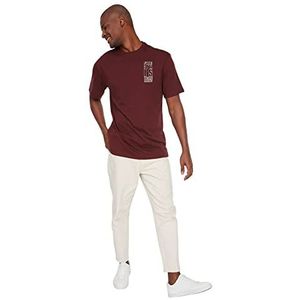 Trendyol Men's Burgundy T-shirt voor heren, relaxte pasvorm, met 100% katoen, bedrukt T-shirt, extra large