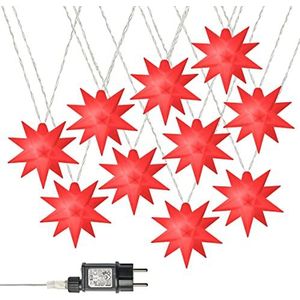 AMARE LED 10 ster lichtketting rood diameter van de sterren elk 12 cm, lengte van de ketting 6,75 m (plus 5 m toevoer), LED kleur warm wit, voor binnen en buiten, timer