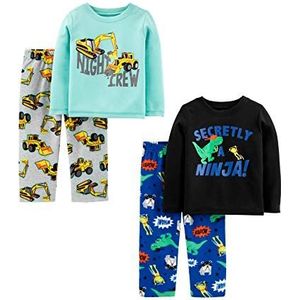 Simple Joys by Carter's 4-delige pyjamaset voor jongens en peuters (katoenen top en fleece onderkant), Aqua Blauwe Vrachtwagens/Zwarte Dinosuar/Kobaltblauw/Grijze Bouw, 5 jaar