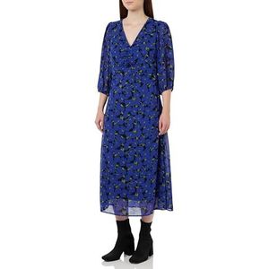 KAFFE Dames midi-jurk V-hals bedrukte doek 3/4 mouwen fit en flare, Clamtis Blue Flower Print, 38