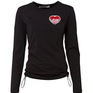 Love Moschino Dames Tight Lange Mouwen Zijden Gekruld door Logo Elastisch Trekkoord en Geborduurd Love Storm Heart Patch T-shirt, Zwart, 40