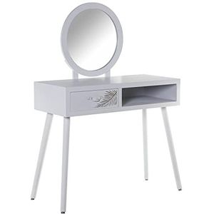 DRW Schminktafel met 1 lade van MDF-hout met reliëfblad en spiegel in wit en goud, 90 x 40 x 80 cm, spiegel 50 cm