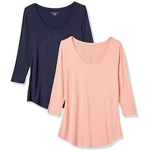 Amazon Essentials Dames tuniek met 3/4 mouwen en ronde hals, 2 stuks, marineblauw/koraalroze, S