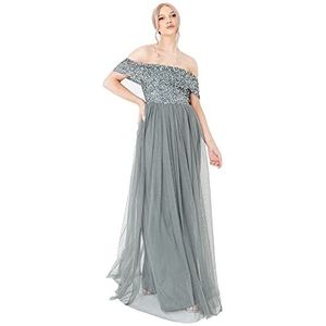 Maya Deluxe Dames Misty Green Bardot verfraaid Maxi Jurk Bruidsmeisje, 14